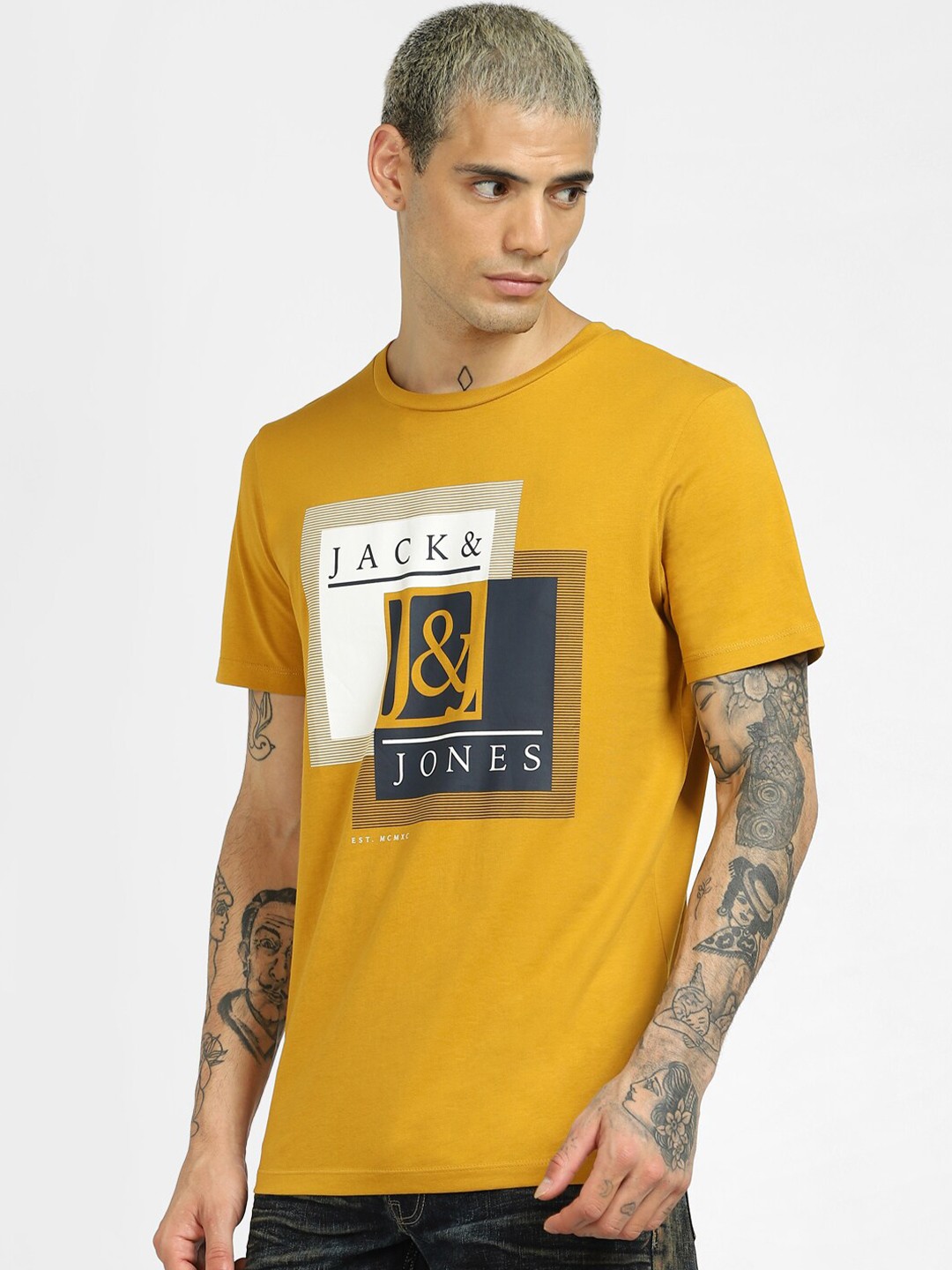 

Jack & Jones Men Yellow & White Printed Slim Fit Pure Cotton T-shirt