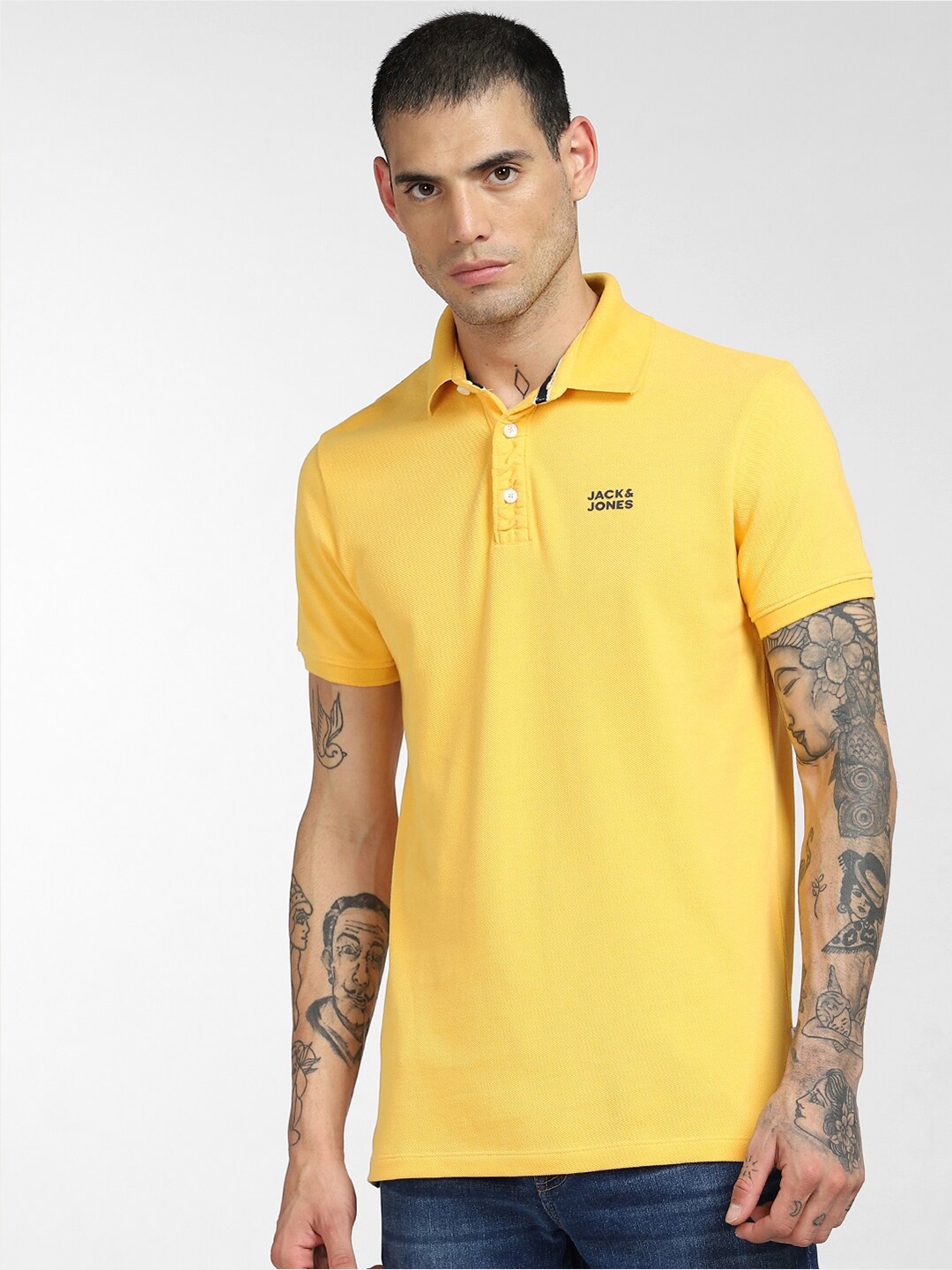 

Jack & Jones Men Yellow Polo Collar Slim Fit Pure Cotton T-shirt