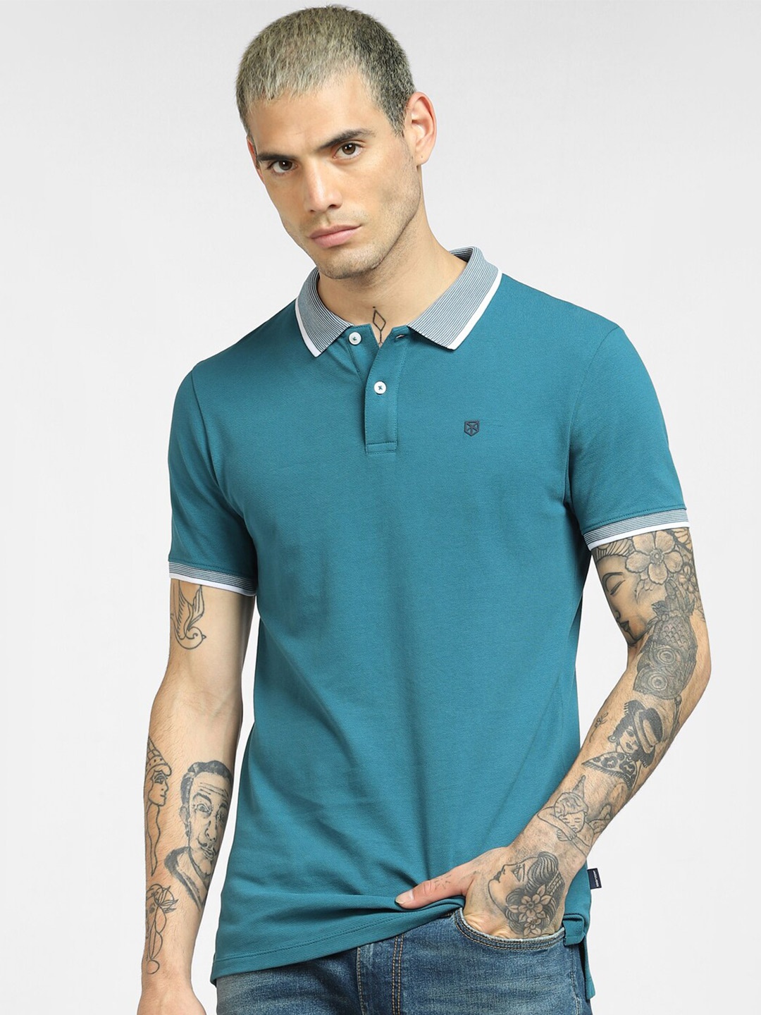 

Jack & Jones Men Green Polo Collar Slim Fit T-shirt