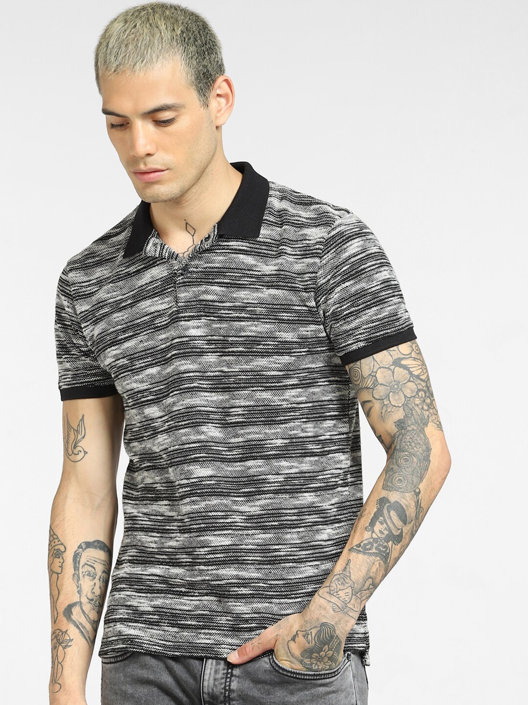 

Jack & Jones Men Black Printed Polo Collar T-shirt