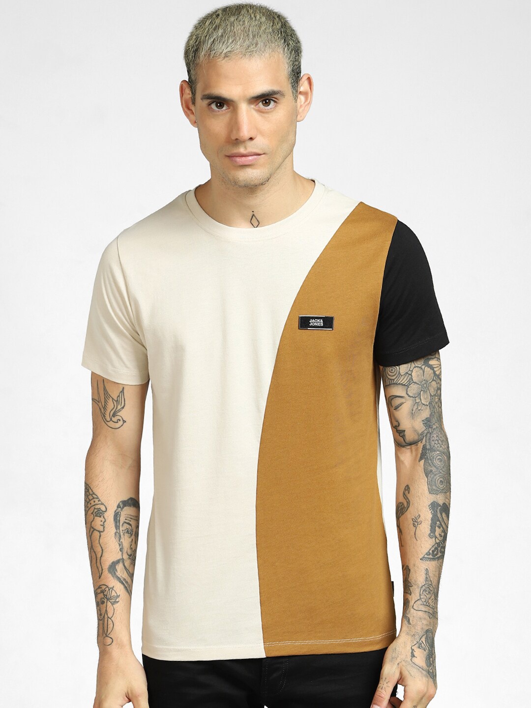 

Jack & Jones Men White & Mustard Yellow Colourblocked T-shirt