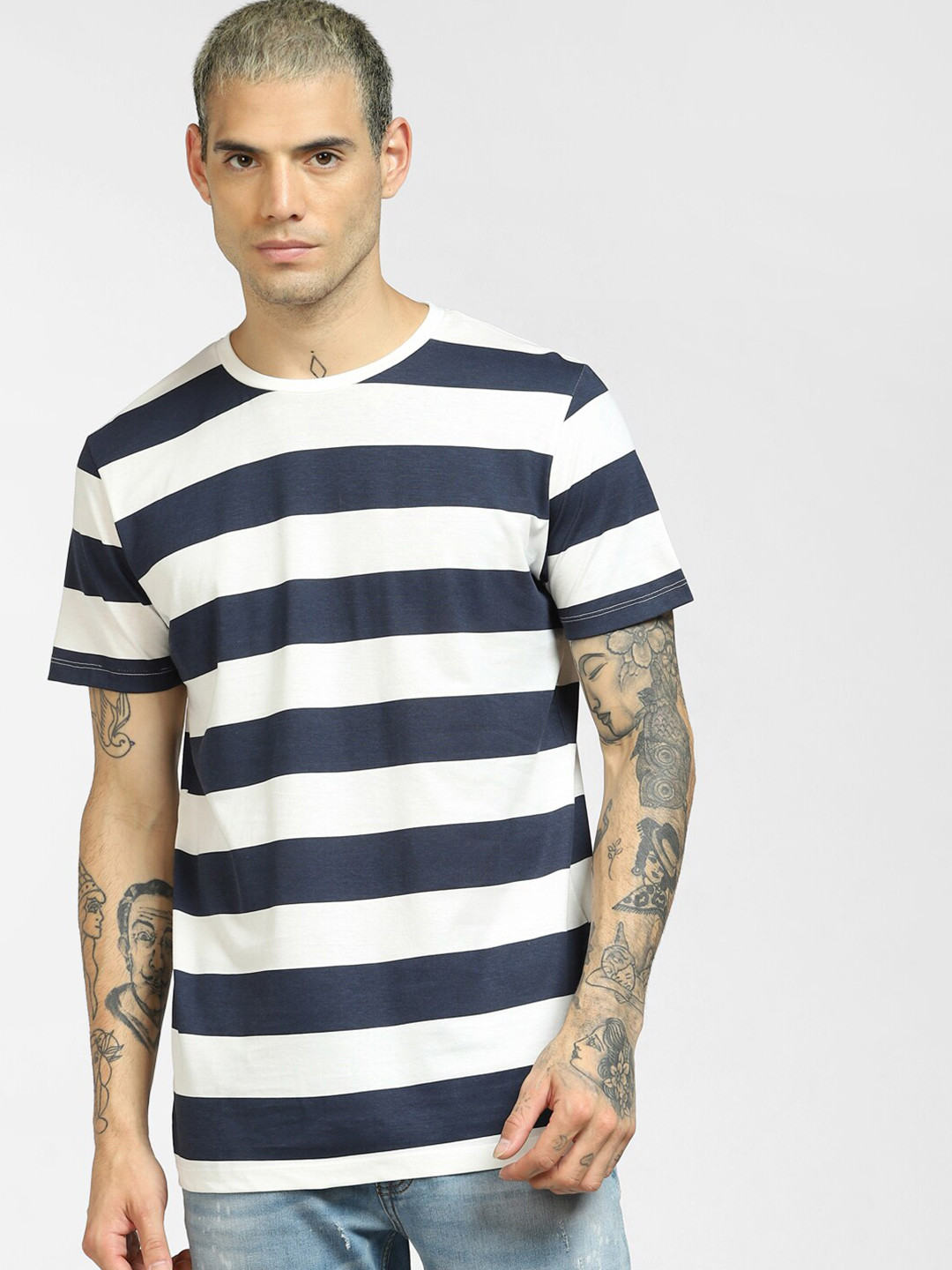 

Jack & Jones Men Blue & White Striped T-shirt