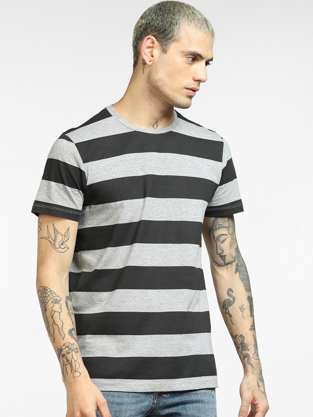 

Jack & Jones Men Grey & Black Striped Pure Cotton T-shirt