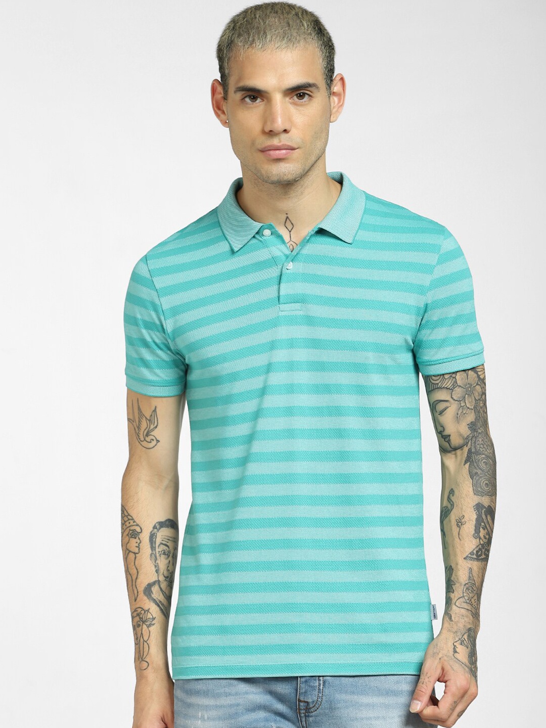 

Jack & Jones Men Green Striped Polo Collar T-shirt