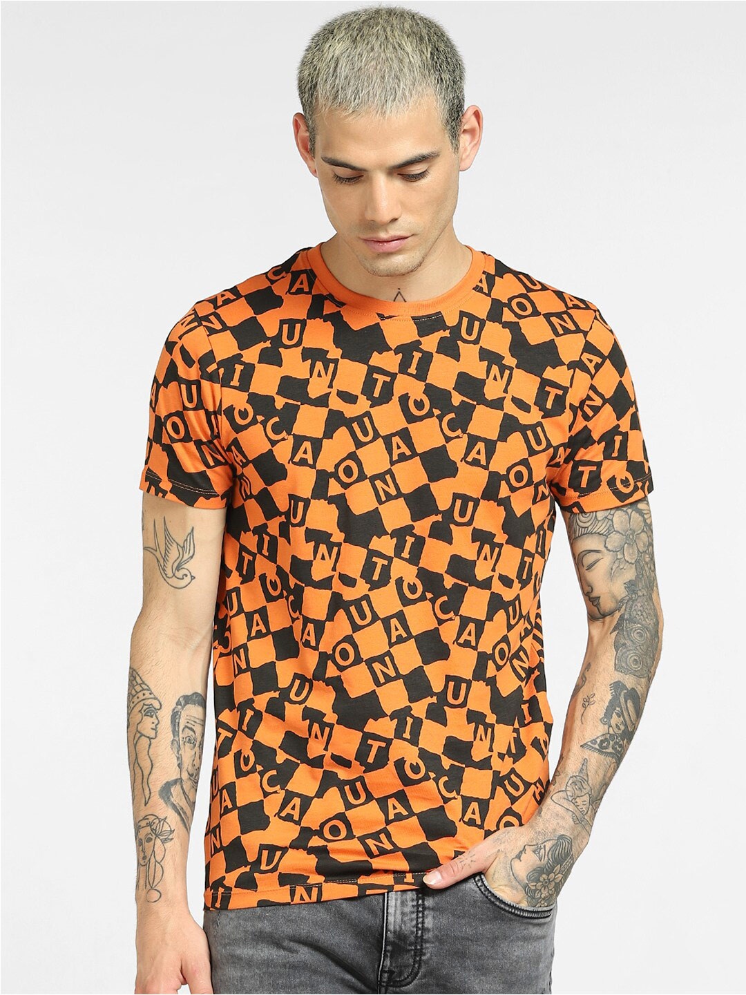 

Jack & Jones Men Orange Camouflage Printed Slim Fit T-shirt