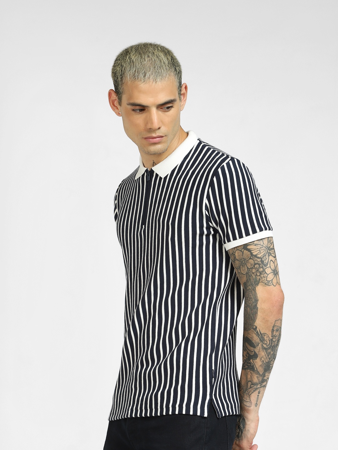 

Jack & Jones Men Black Striped Extended Sleeves Slim Fit T-shirt