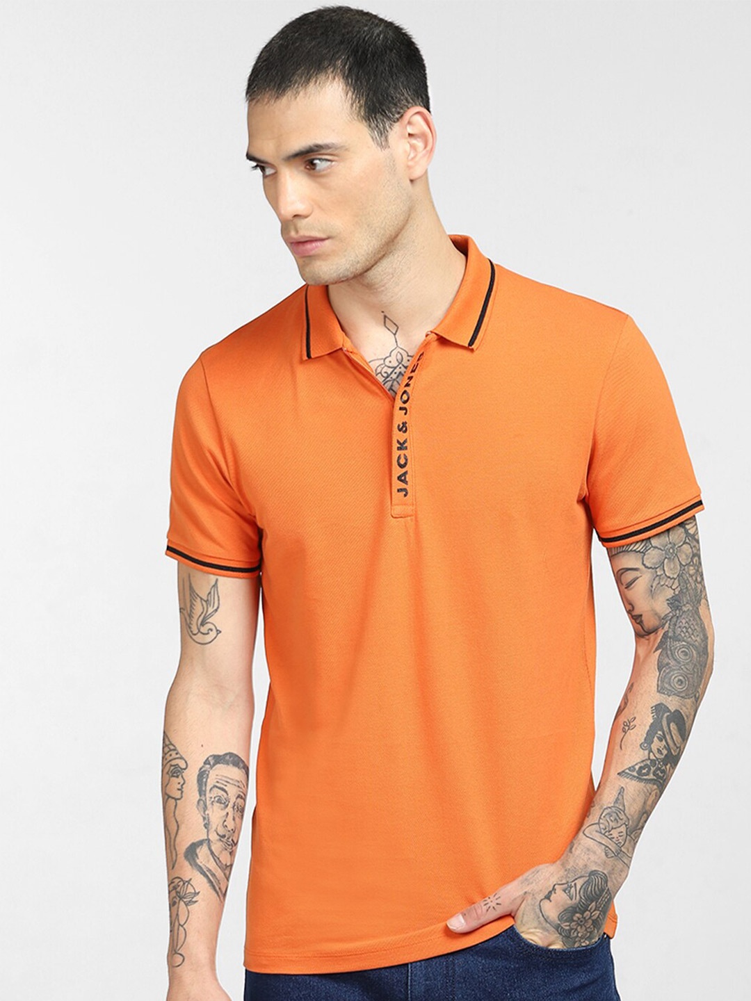 

Jack & Jones Men Orange Solid Polo Collar Slim Fit T-shirt
