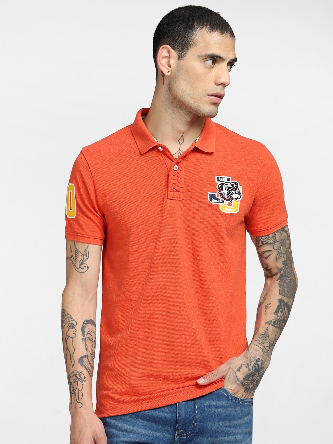 

Jack & Jones Men Red Polo Collar Applique Slim Fit T-shirt