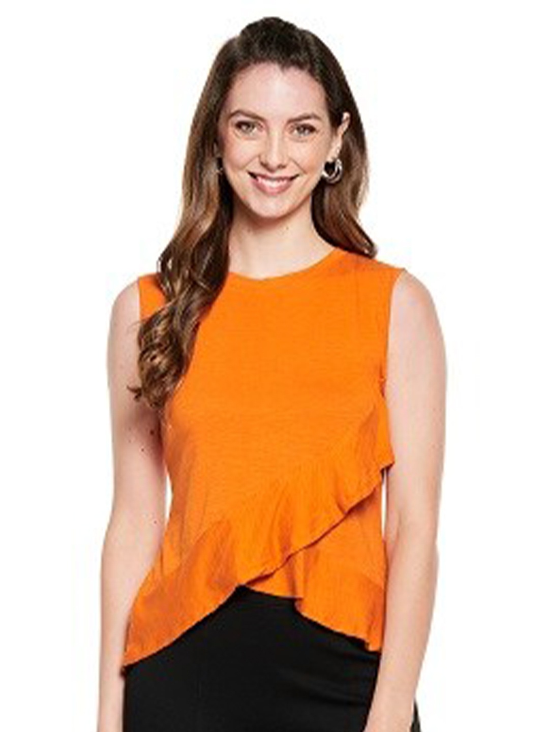 

UNMADE Orange Solid High-Low Layered Ruffle Top