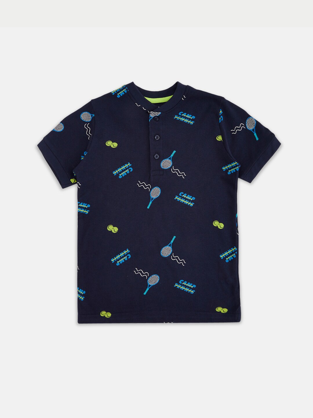 

Pantaloons Junior Boys Navy Blue Printed Henley Collar T-shirt