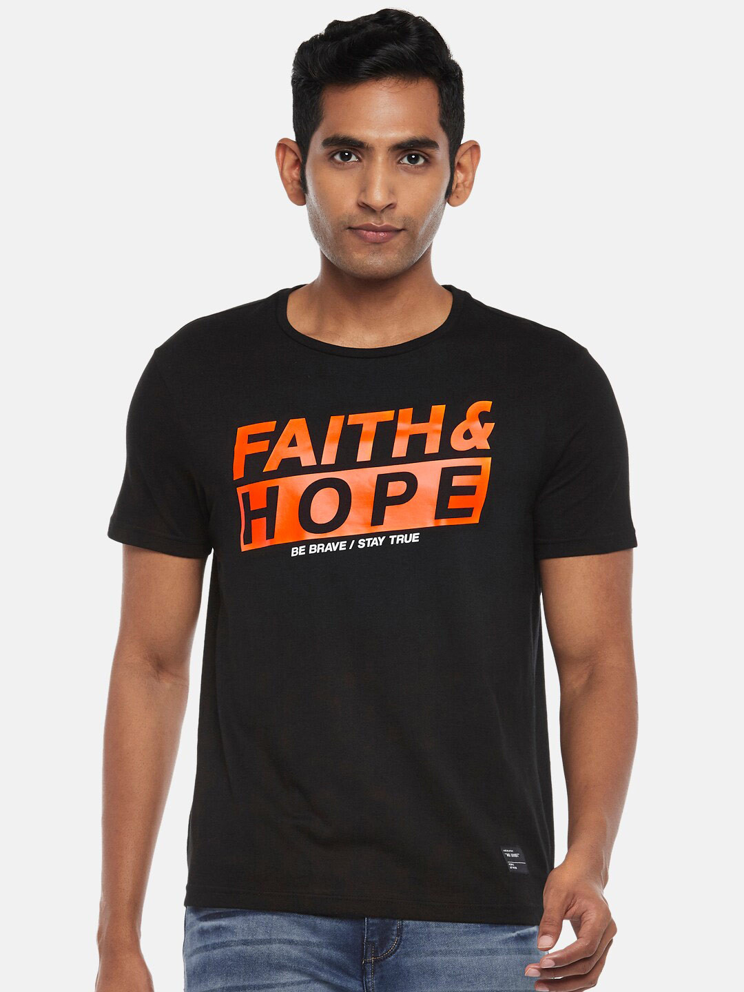 

People Men Black Typography Printed Applique Slim Fit T-shirt