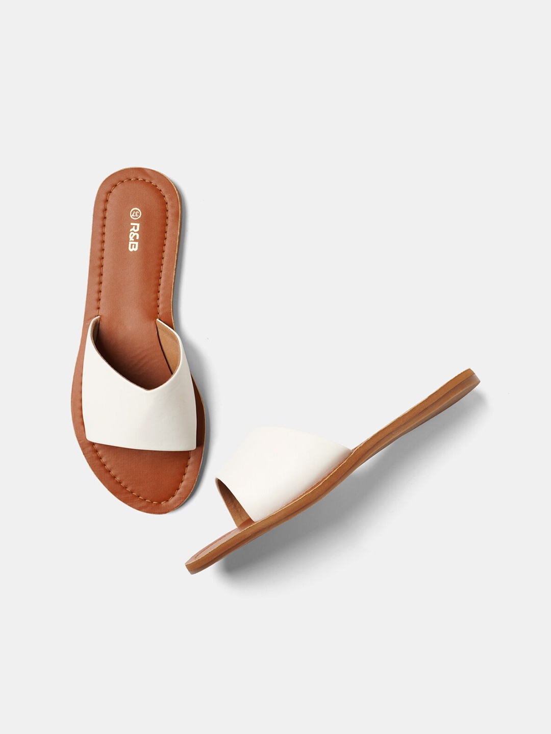 

R&B Women White & Tan Open Toe Flats