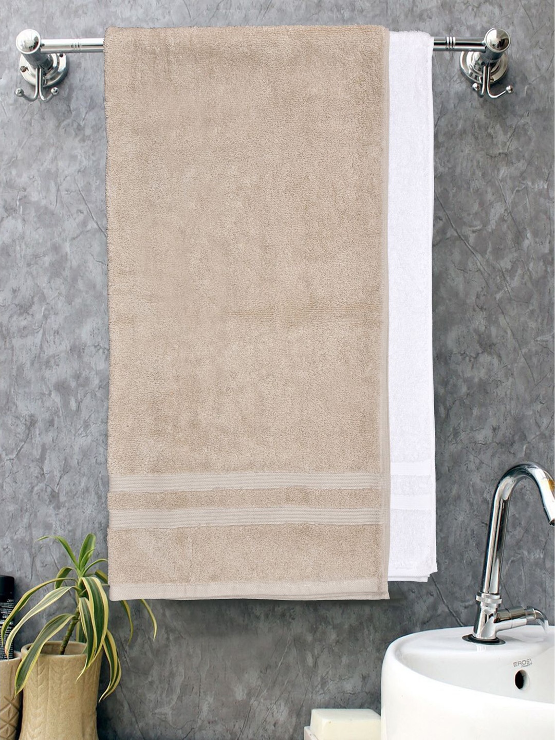 

haus & kinder Set Of 2 White And Beige Solid Pure Cotton Zero Twist Bath Towels