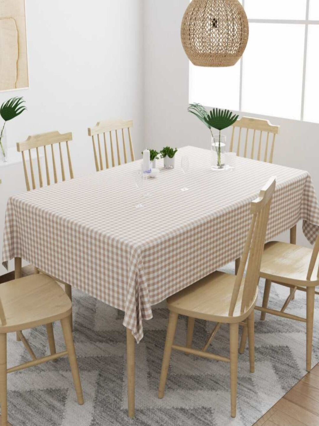 

haus & kinder Beige & White Checked Printed Pure Cotton 6-Seater Table Cloth