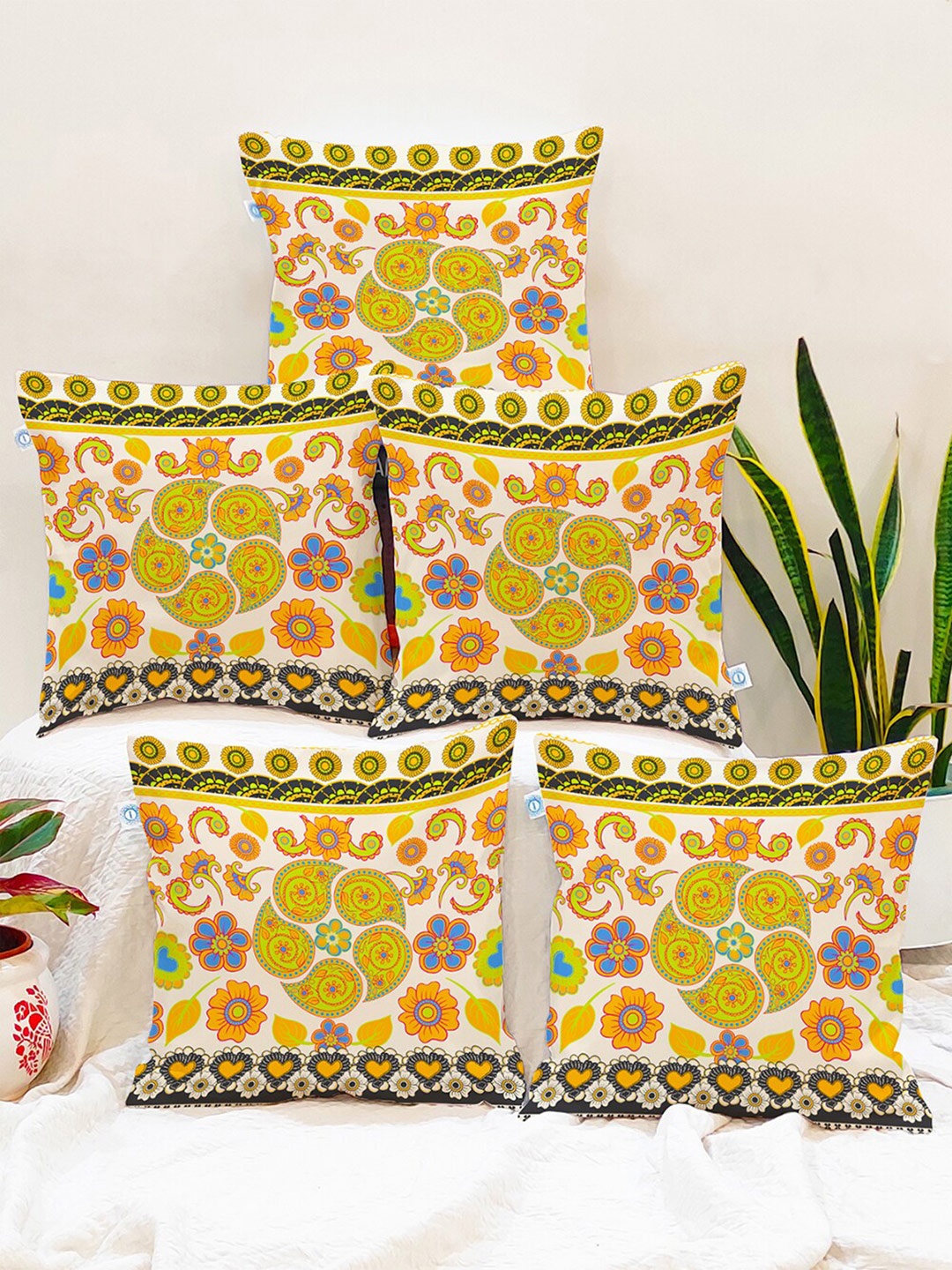 

STITCHNEST Adults Multicolored Set of 5 Rangoli Design Square Cushion Covers, Multi