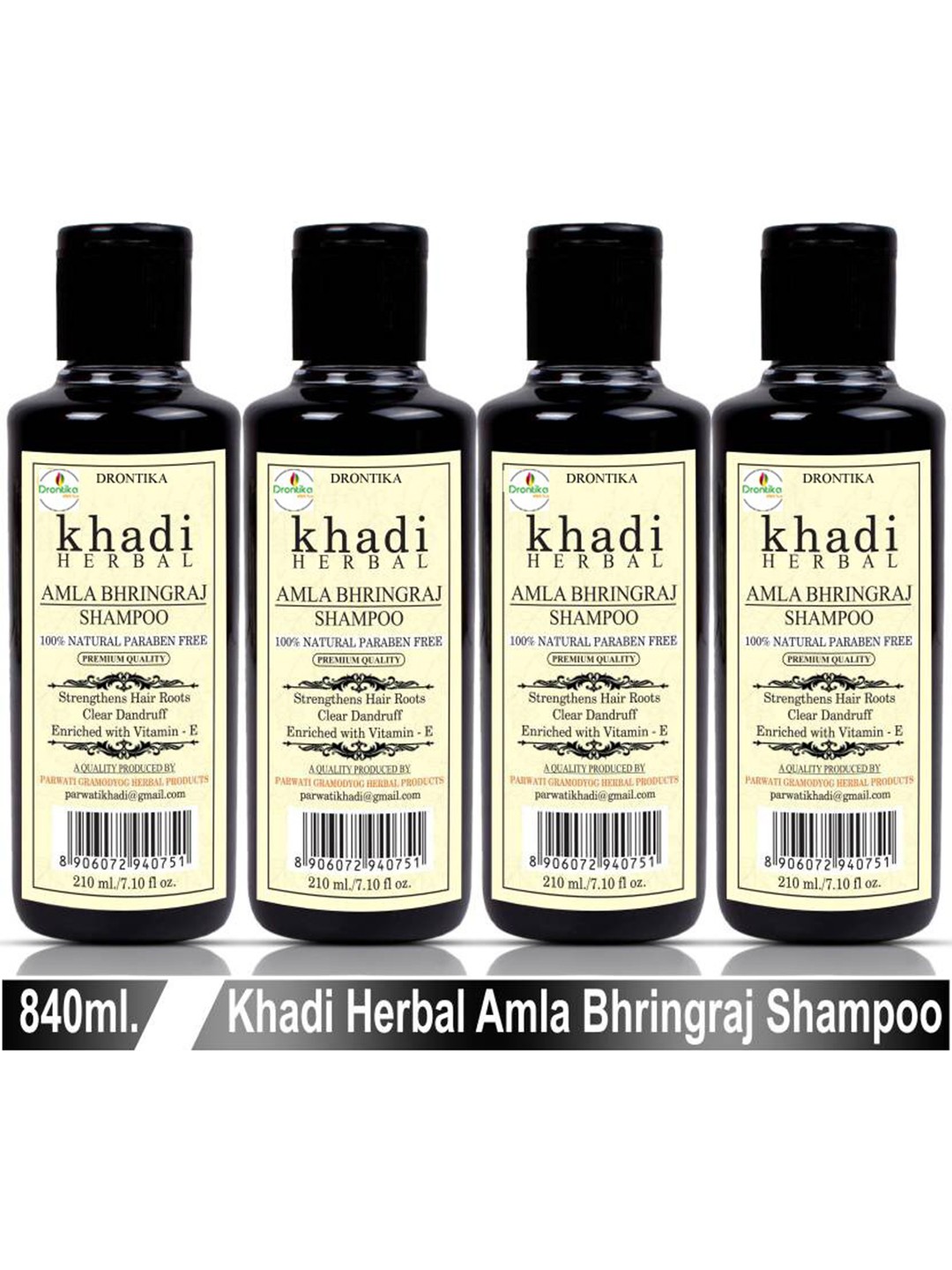 

DRONTIKA Set of 4 Khadi Herbal Natural Paraben Free Amla Bhringraj Shampoo - 210 ml Each, Black