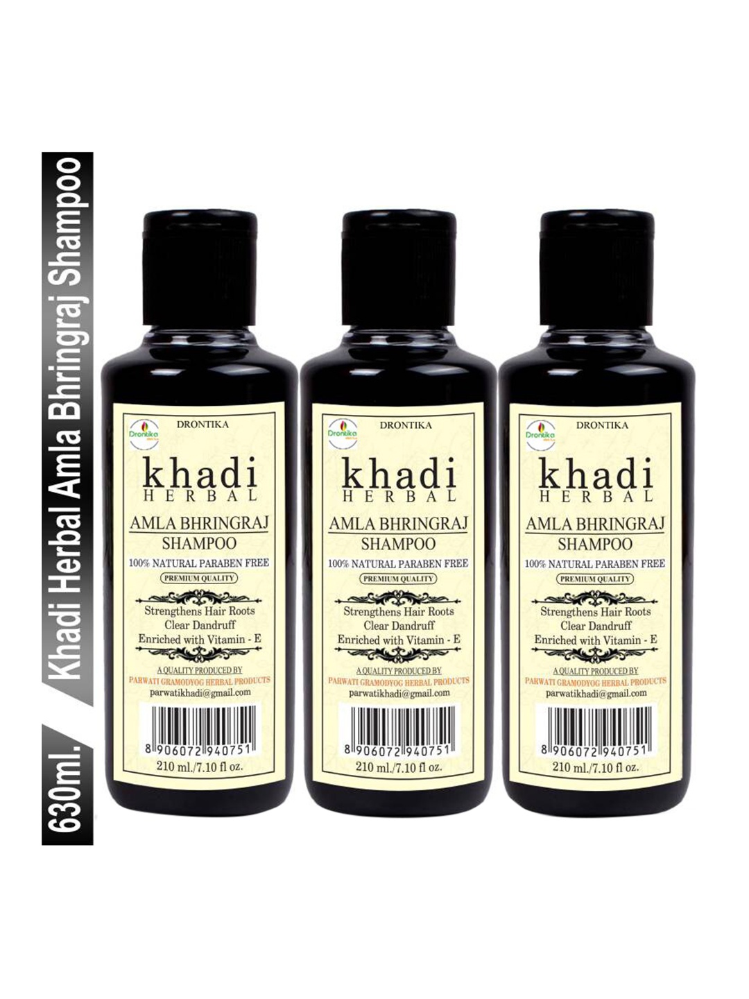 

DRONTIKA Set of 3 Khadi Herbal Natural Paraben Free Amla Bhringraj Shampoo - 210 ml Each, Black
