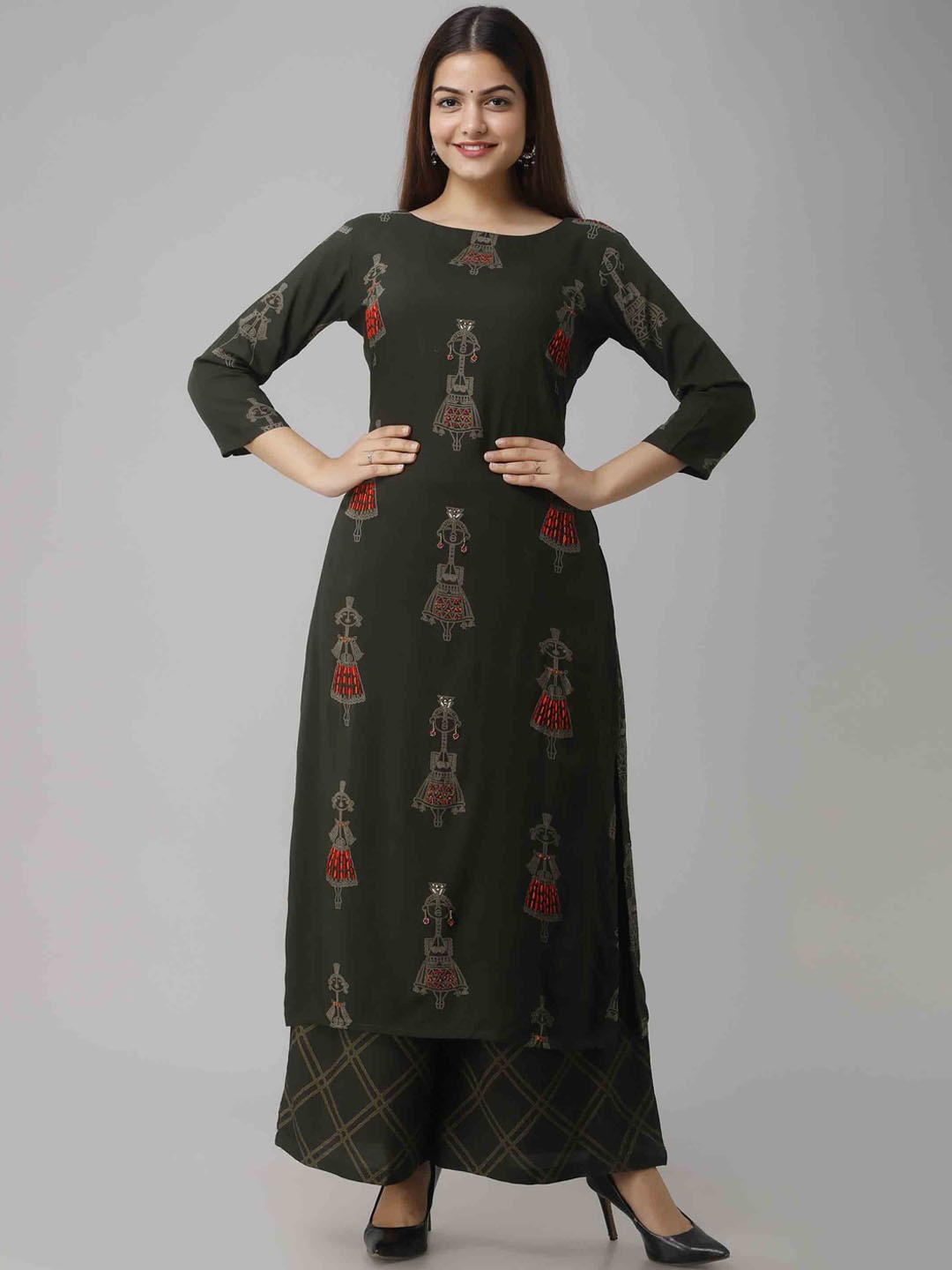 

KALINI Women Green Embroidered Layered Kantha Work Kurti with Palazzos