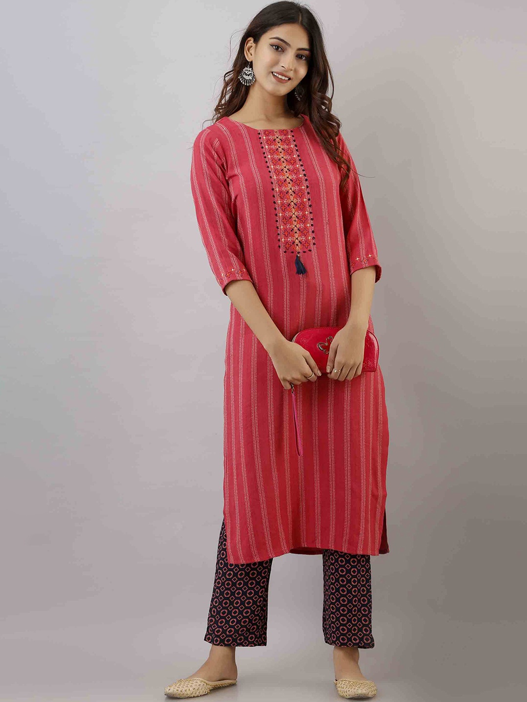 

KALINI Women Peach-Coloured Striped Kurta with Trousers
