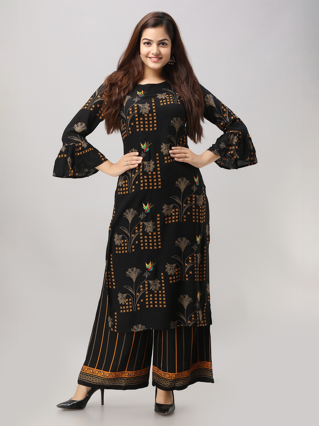 

KALINI Women Black Printed Thread Work Kurta with Palazzo