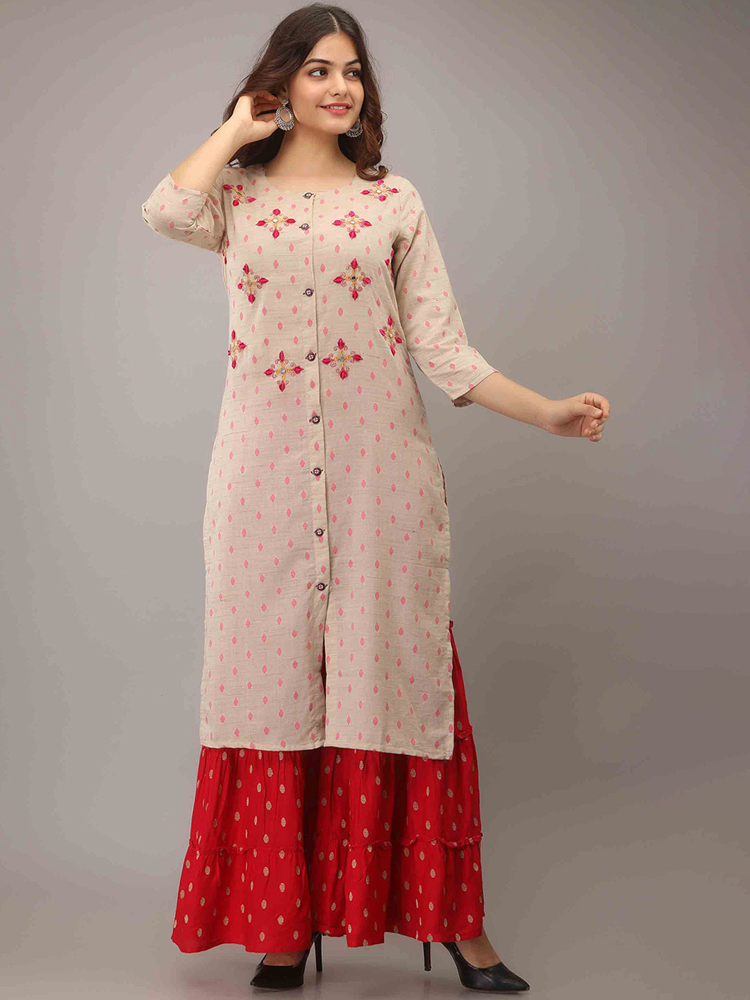 

KALINI Women Cream-Coloured Embroidered High Slit Mirror Work Pure Cotton Kurti with Sharara