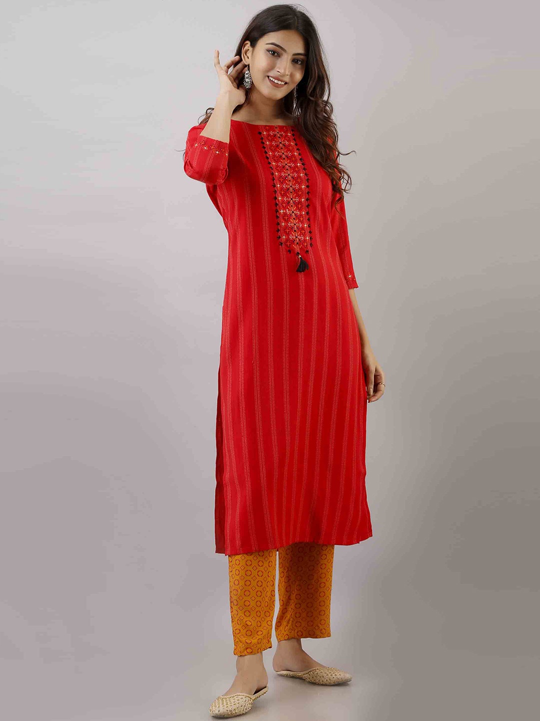 

KALINI Women Red Yoke Design Panelled Kantha Work Kurta with Trousers