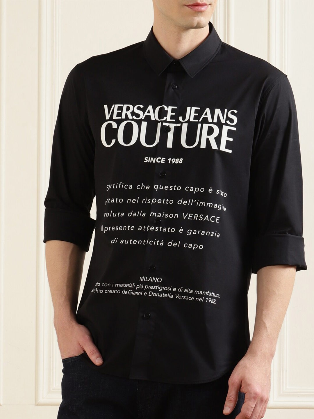 

Versace Jeans Couture Men Black Big Guarantee Print Casual Shirt