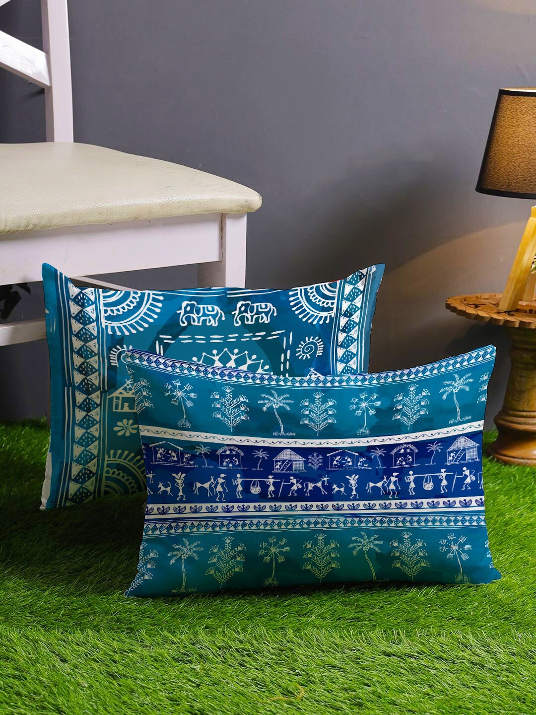

STITCHNEST Adults Blue & White Set of 2 Warli Motifs Rectangle Cushion Covers