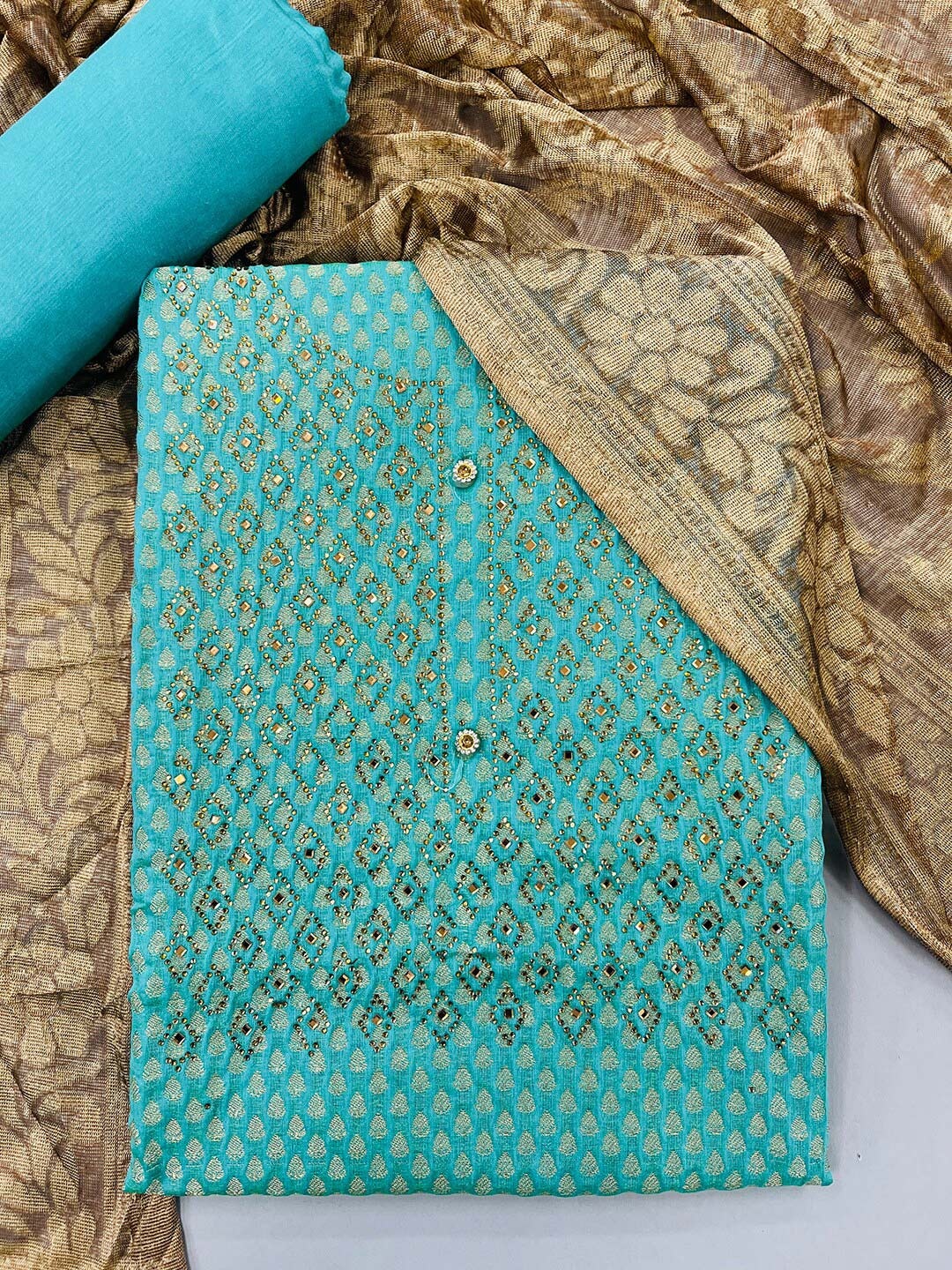 

JATRIQQ Women Blue & Gold-Toned Jacquard Woven Design Dress Material With Dupatta