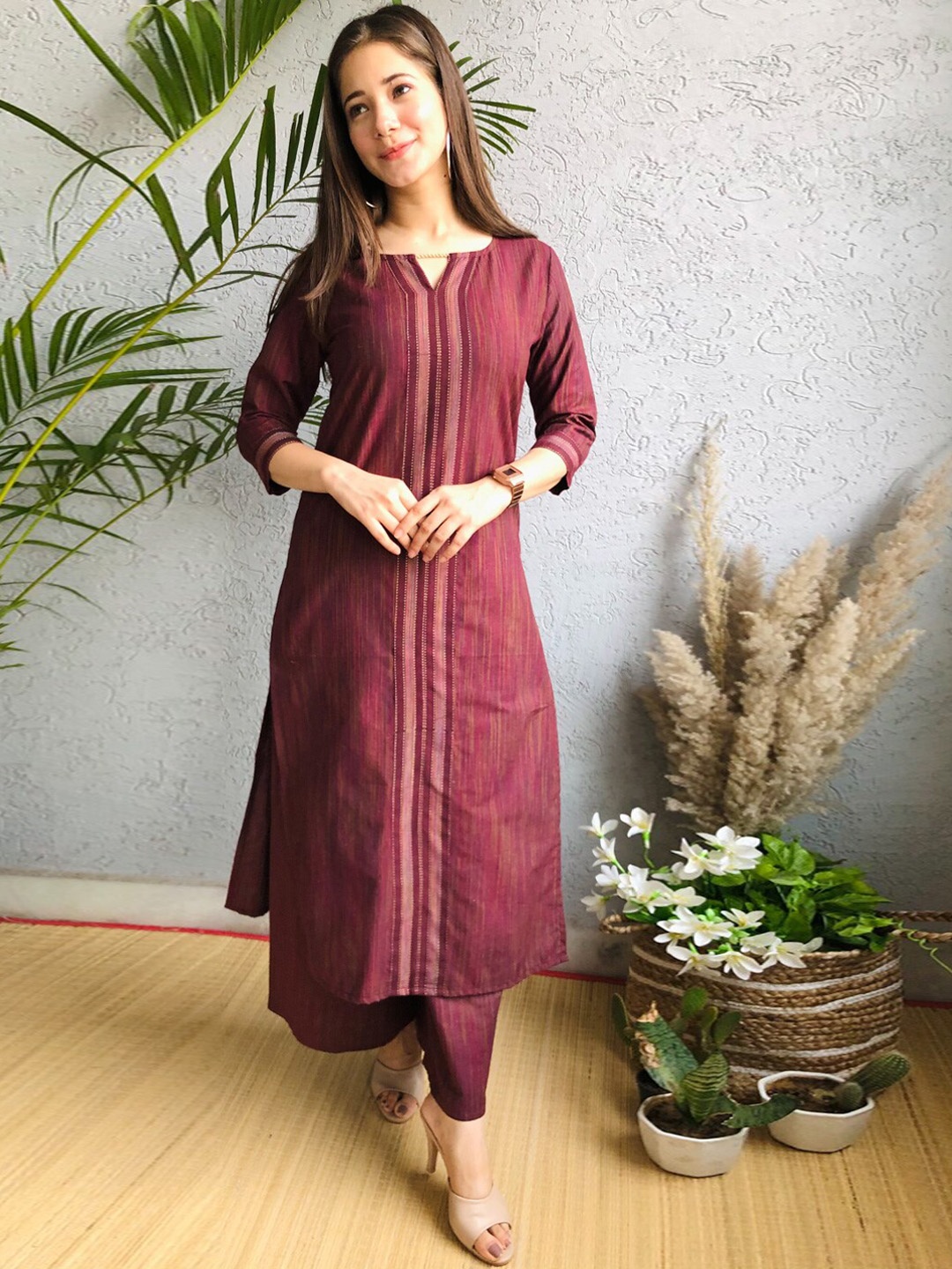 

CRAFTED FOR YOU Women Maroon Yoke Design Thread Work Pure Cotton Kurta with Palazzos
