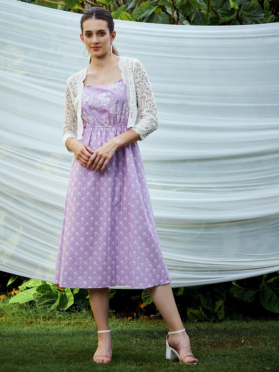 

Athena Lavender Floral cotton A-Line Midi Dress With jJacket