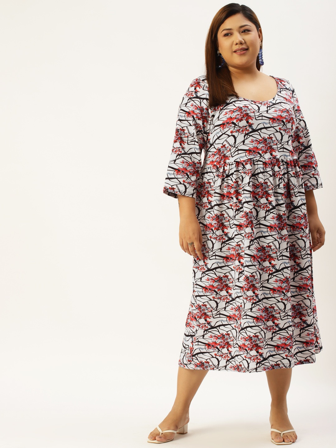 

theRebelinme Plus Size Women White & Black Floral Print A-Line Dress