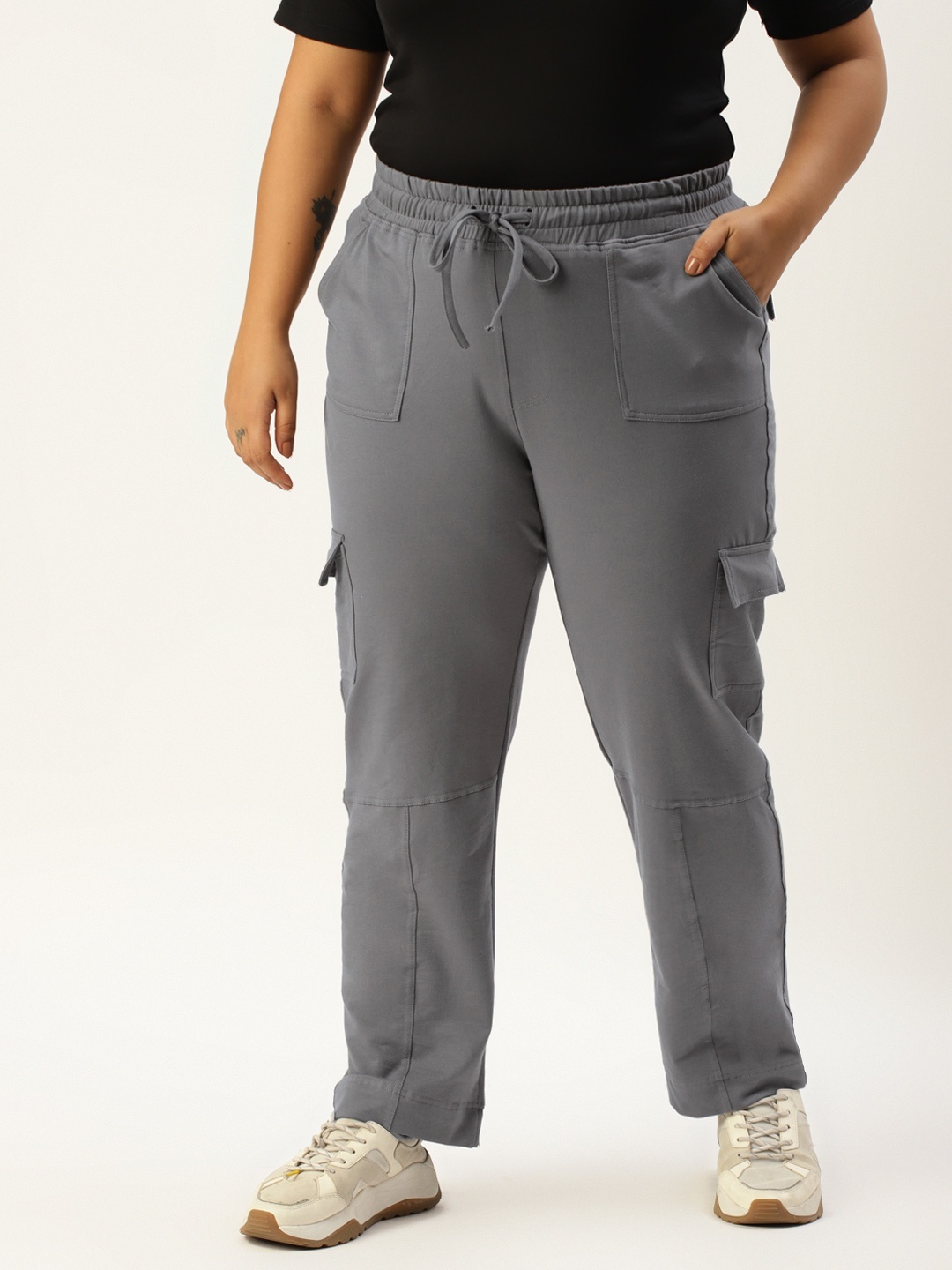 

theRebelinme Women Plus Size Grey High-Rise Cargo Trousers