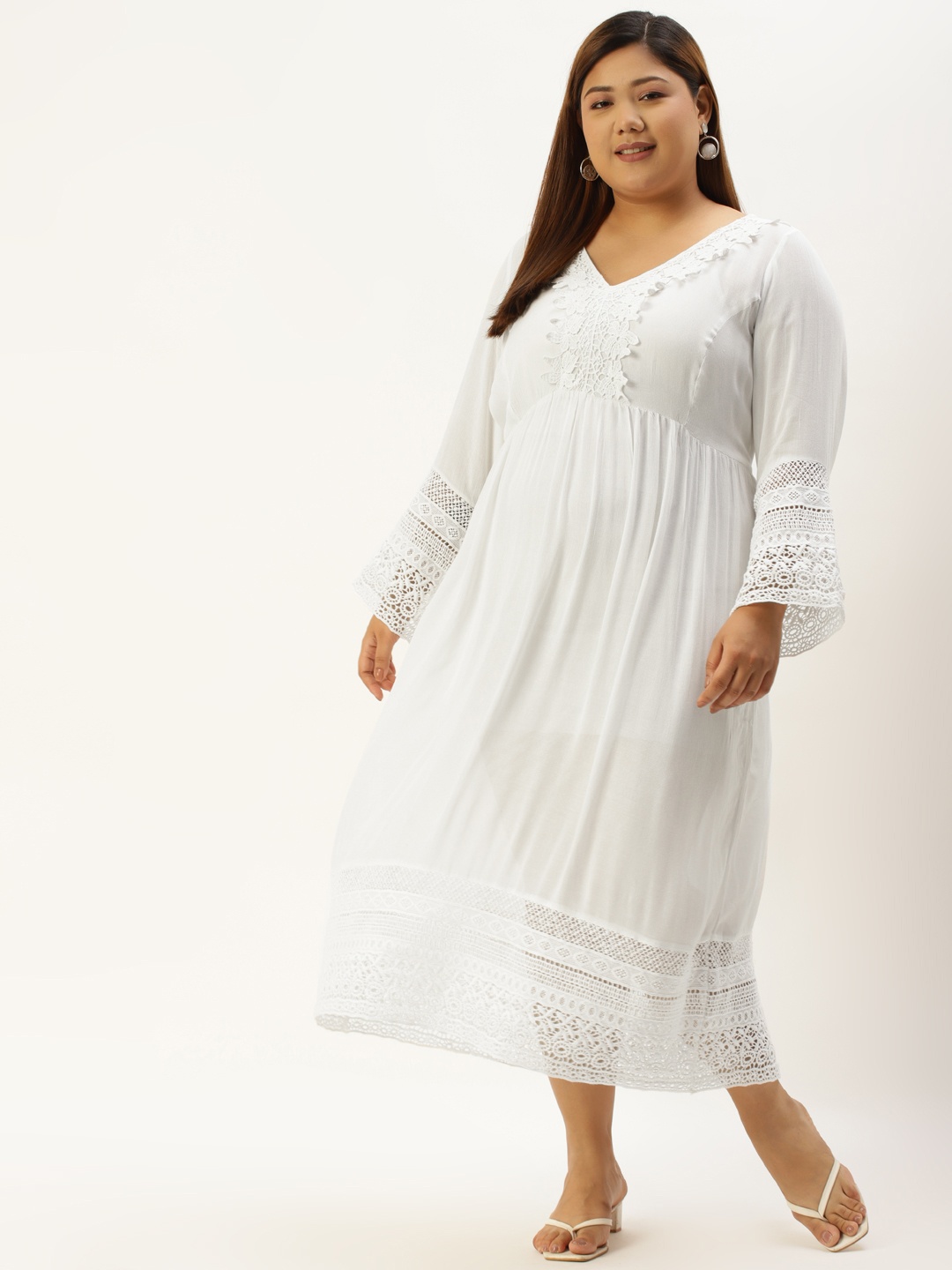 

theRebelinme Plus Size Women White Solid Lace Detail Dress