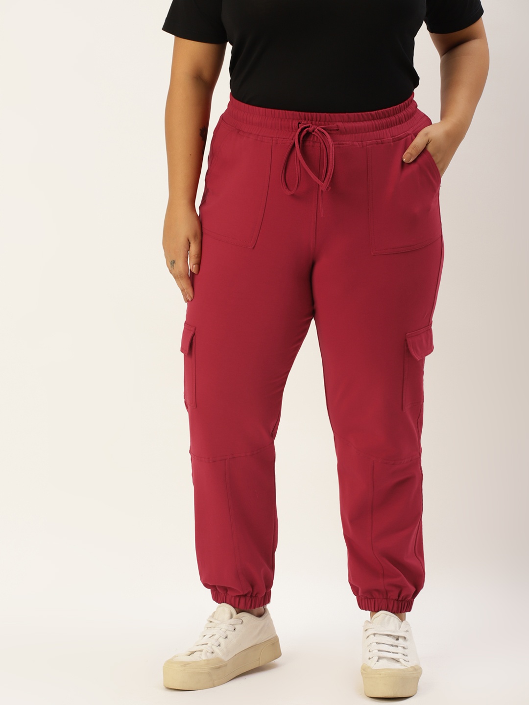 

theRebelinme Women Plus Size Maroon High-Rise Cargo Joggers