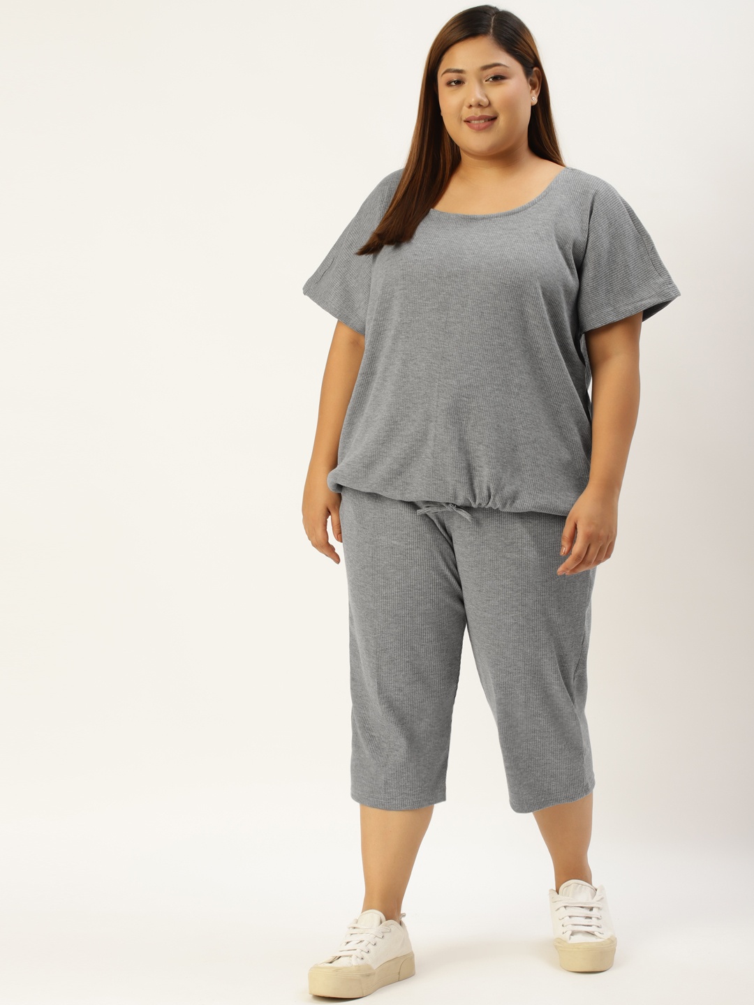

theRebelinme Women Plus Size Charcoal Grey Ribbed Top & Capri Set