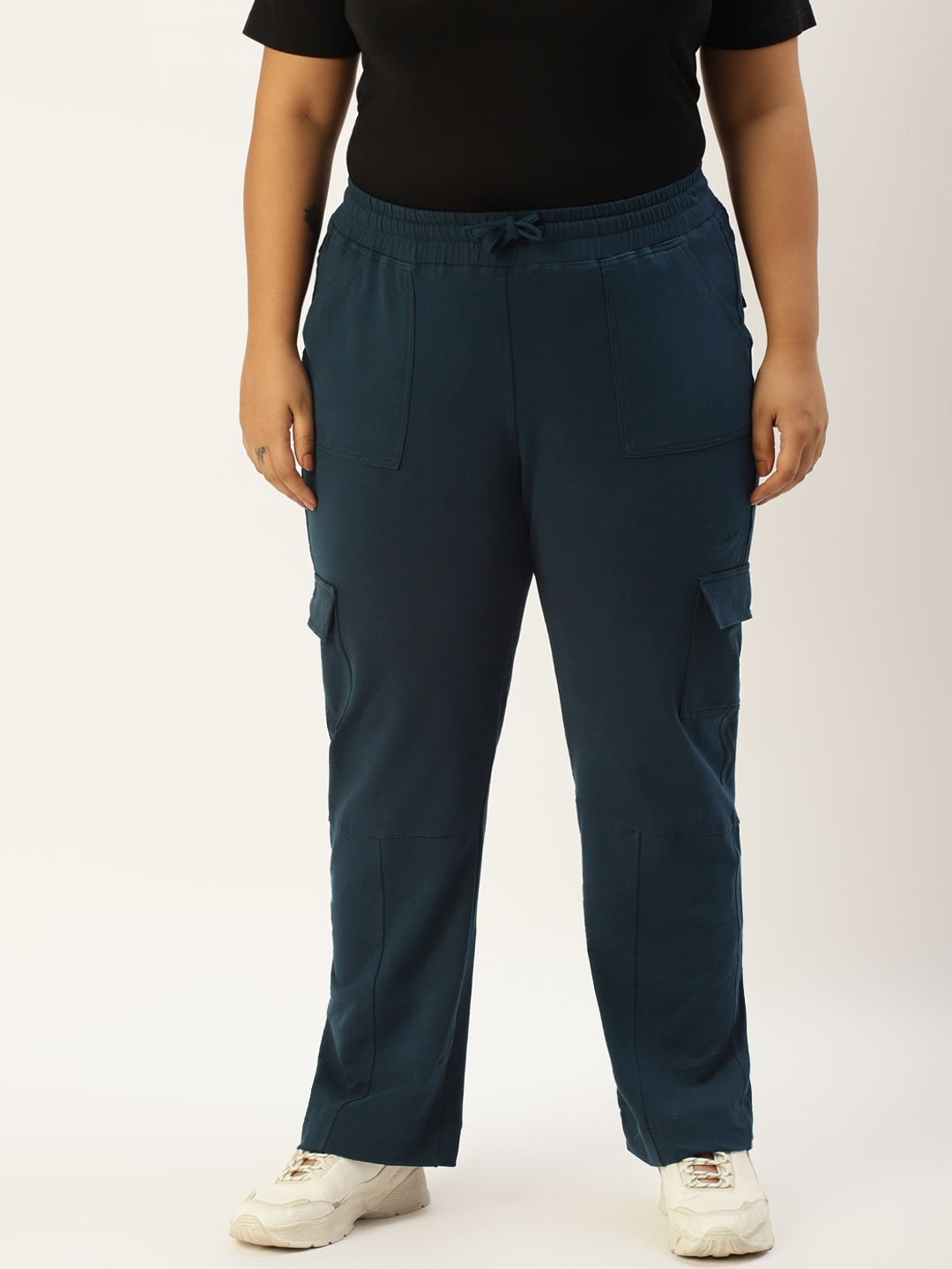 theRebelinme Women Plus Size Teal Blue High-Rise Cargo Trousers