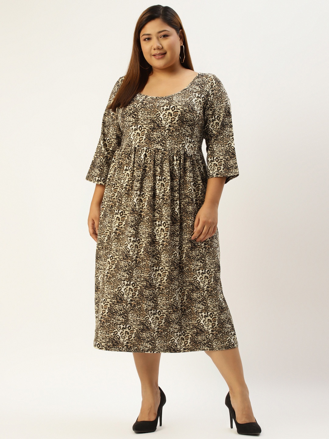 theRebelinme Plus Size Women Black & Beige Animal Print A-Line Dress