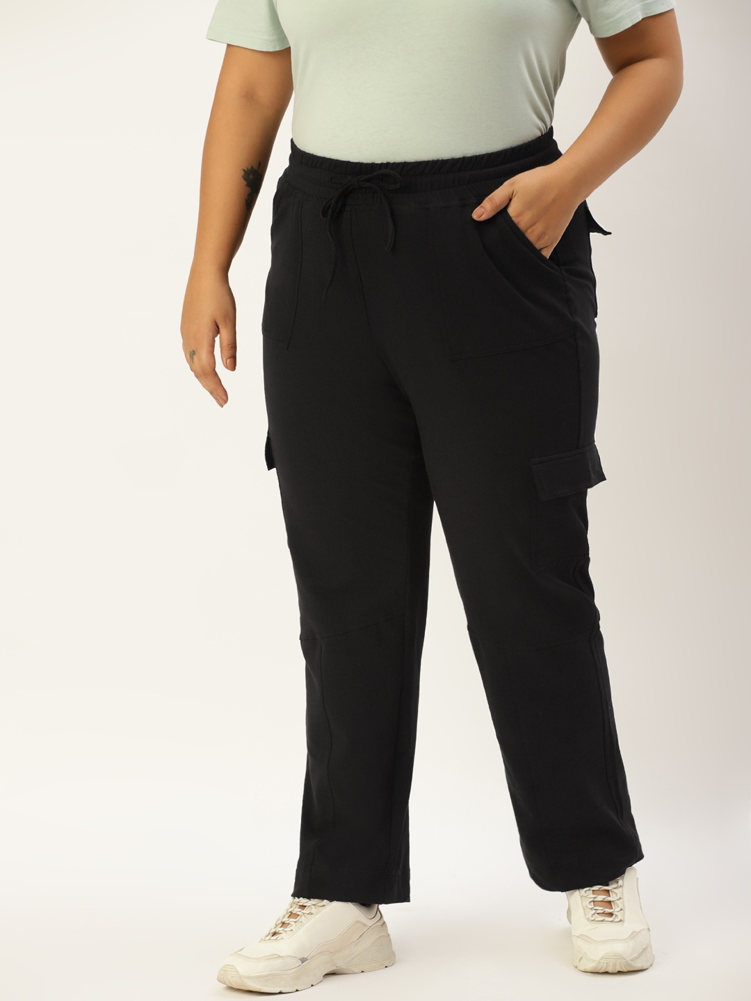 

theRebelinme Women Plus Size Black High-Rise Cargo Trousers