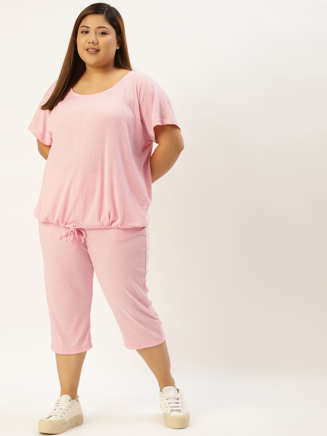 

theRebelinme Women Plus Size Pink Ribbed Top & Capri Set
