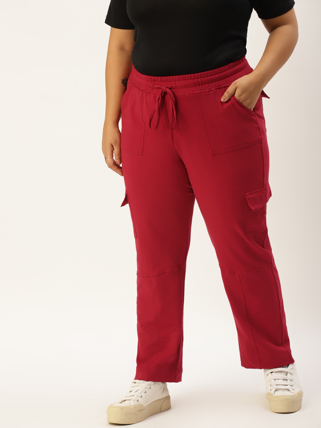 

theRebelinme Women Plus Size Maroon High-Rise Cargo Trousers
