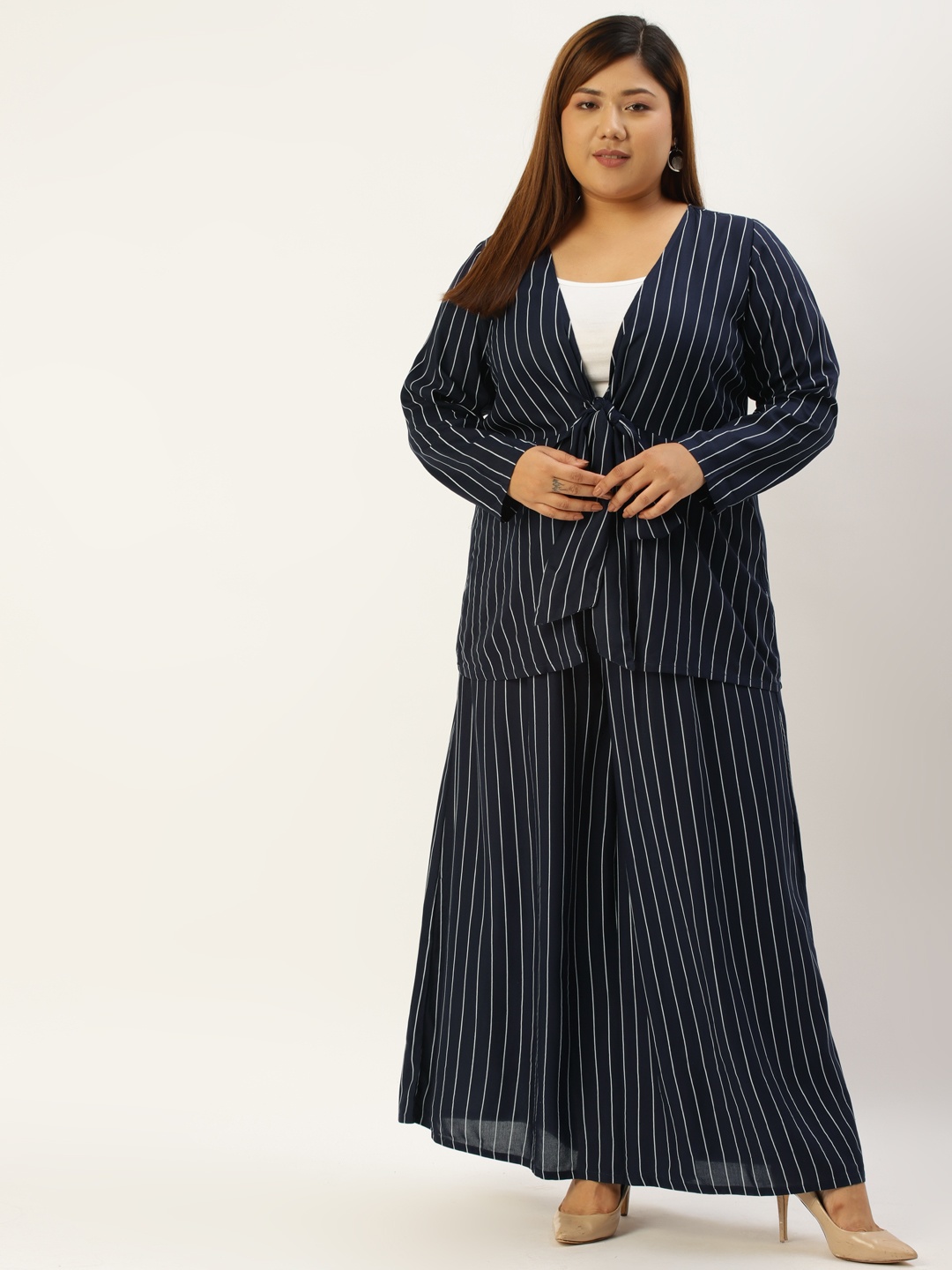 

theRebelinme Plus Size Women Navy Blue & White Striped Co-Ord Set