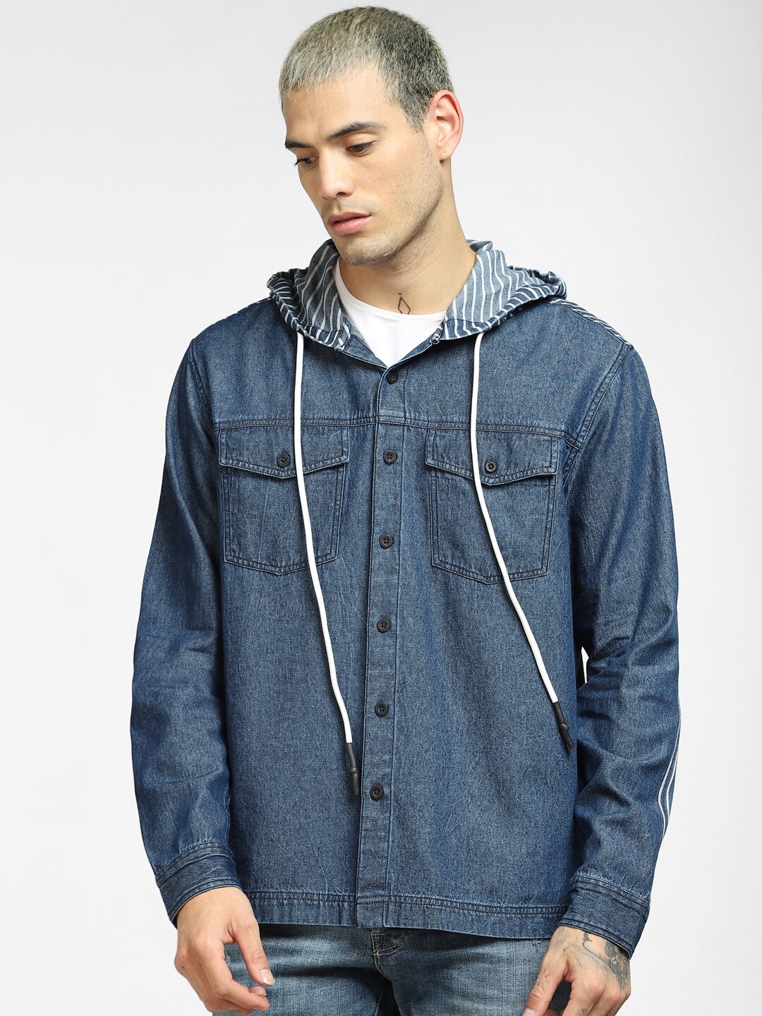 

Jack & Jones Men Blue Casual Shirt With Hood