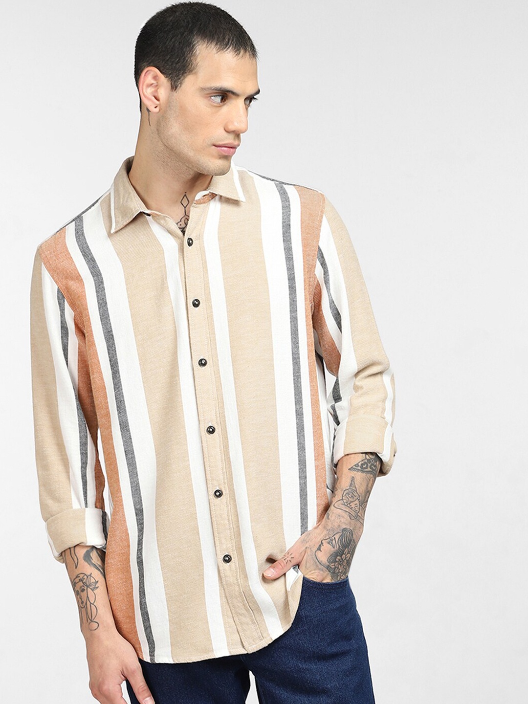 

Jack & Jones Men Brown Multi Stripes Striped Cotton Casual Shirt