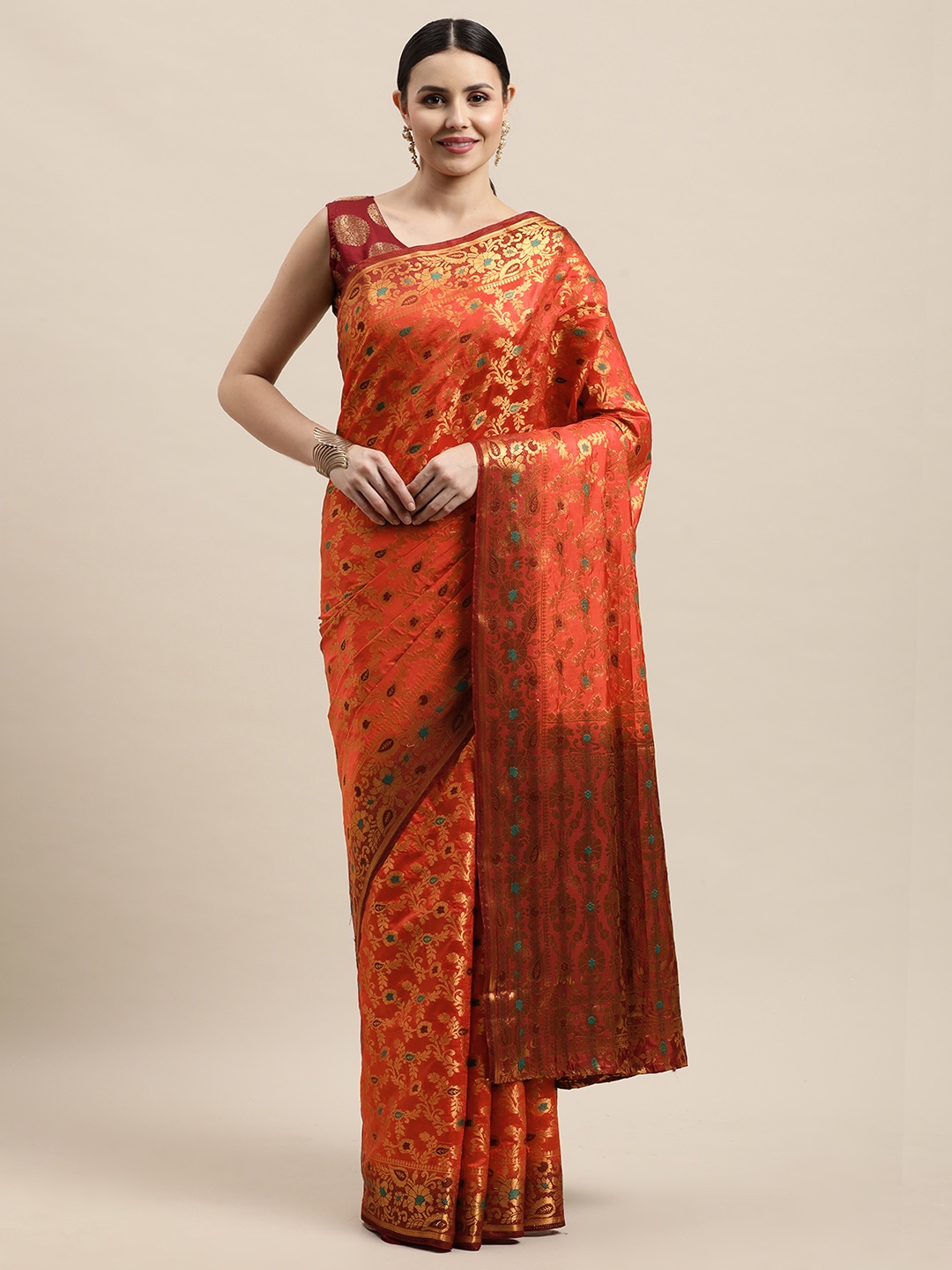 

VASTRAME Rust Red & Golden Ethnic Design Art Silk Kanjeevaram Saree