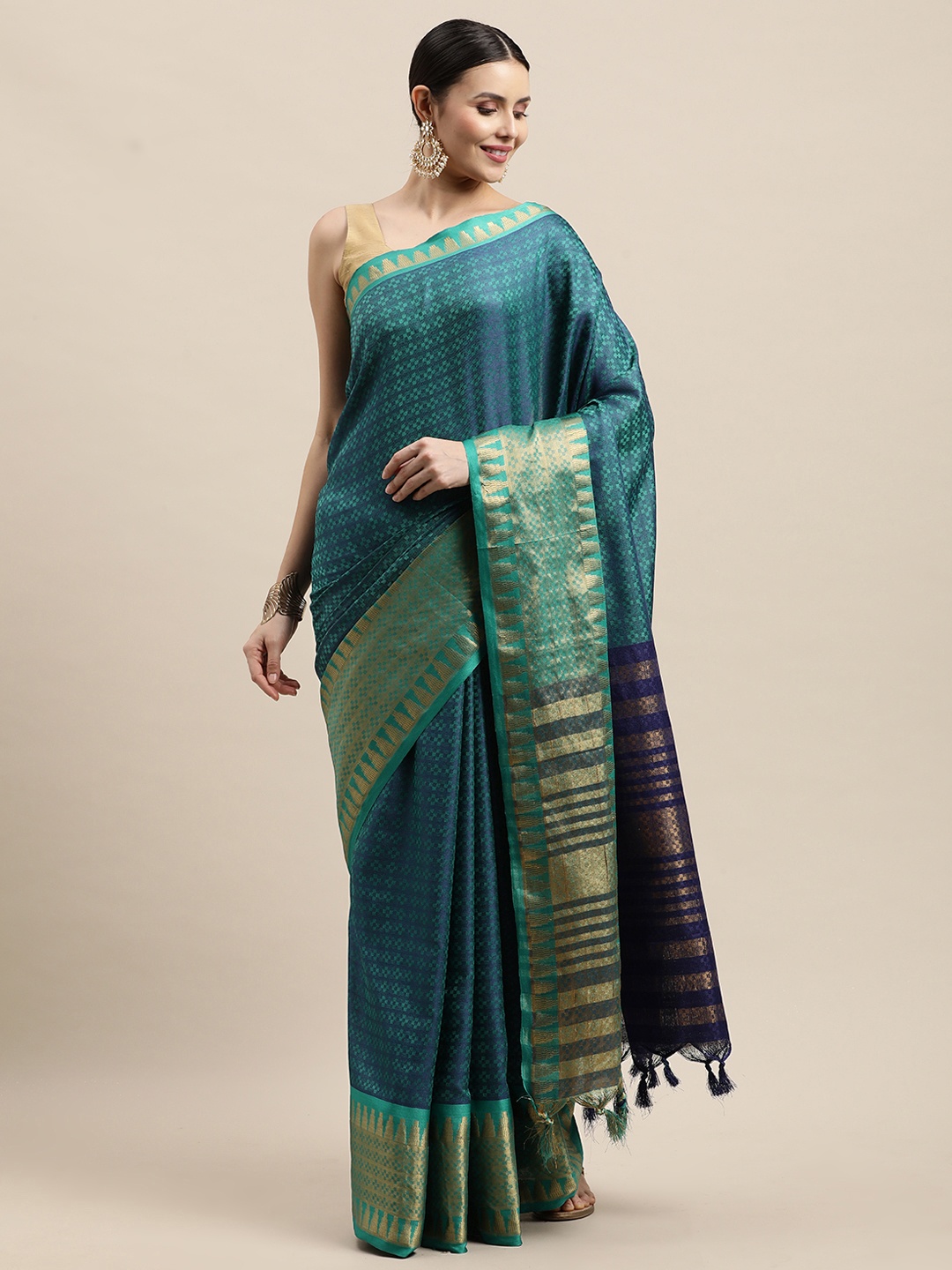 

VASTRAME Teal Blue Woven Design Banarasi Saree