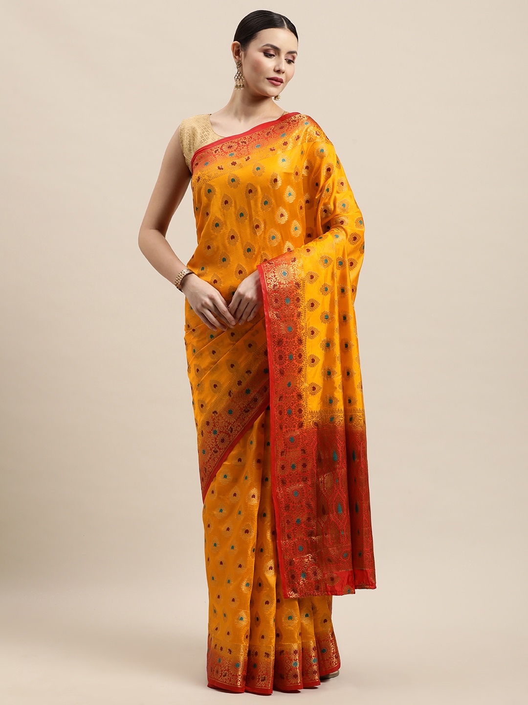 

VASTRAME Mustard Yellow & Golden Ethnic Design Banarasi Saree