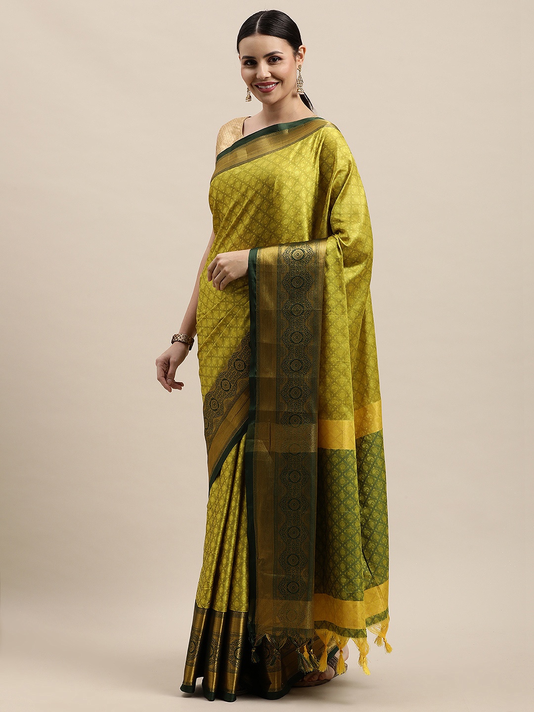 

VASTRAME Olive Green & Golden Ethnic Motifs Banarasi Saree