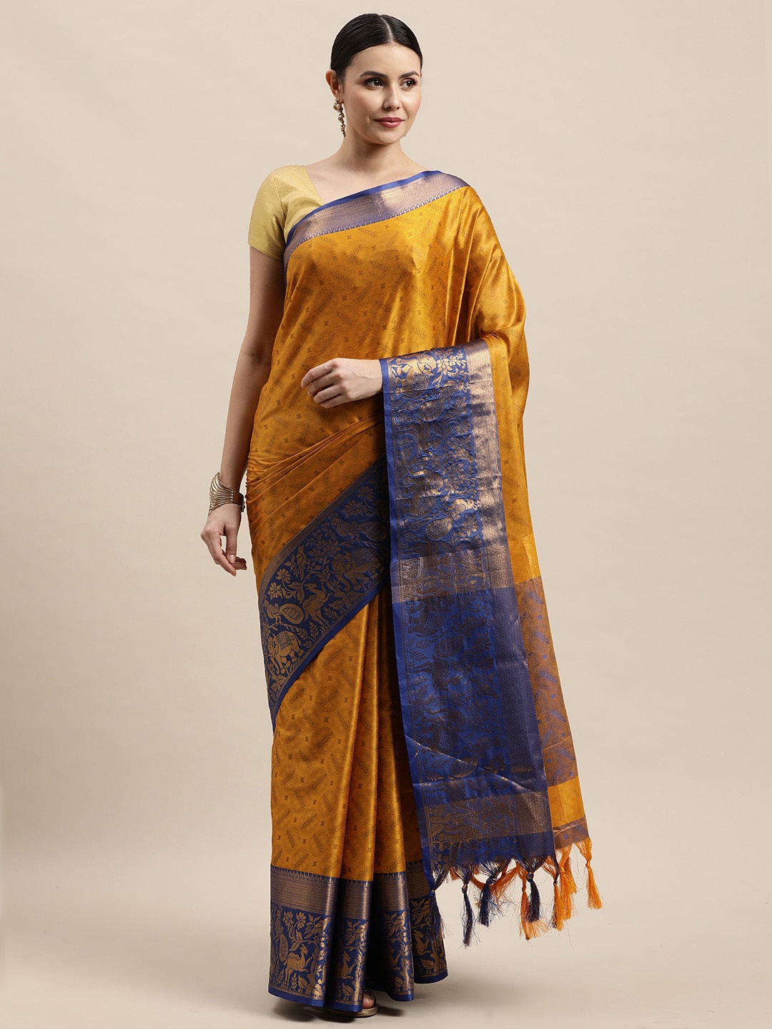 

VASTRAME Golden & Navy Blue Ethnic Design Banarasi Saree, Gold