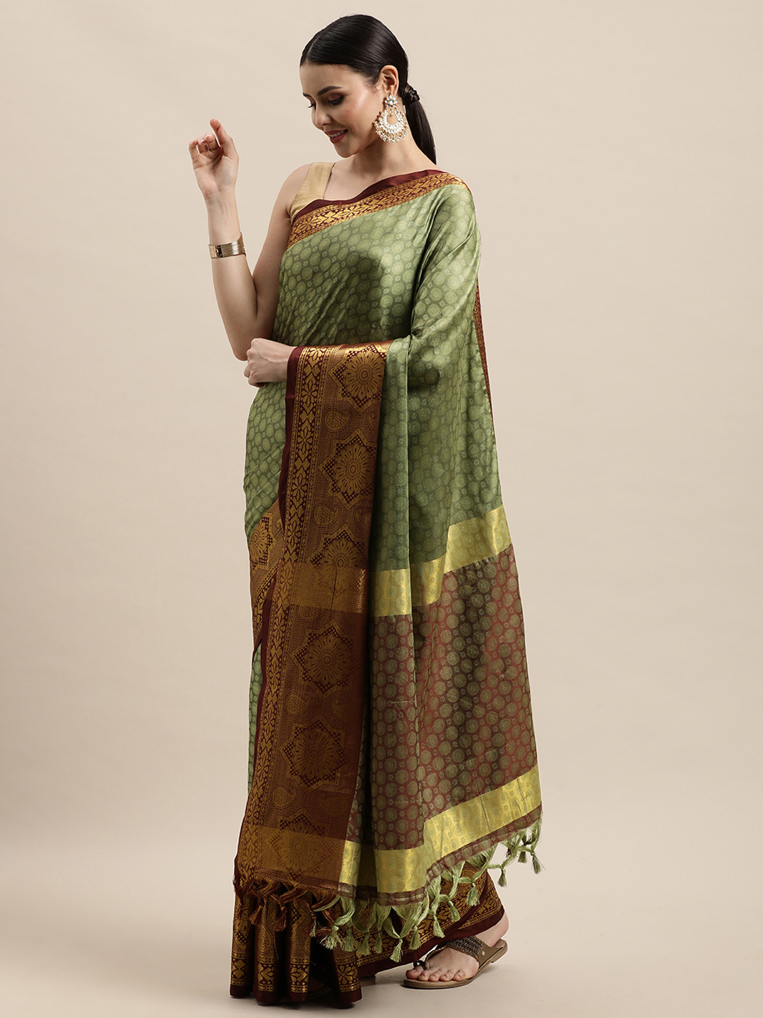 

VASTRAME Olive Green & Golden Ethnic Design Banarasi Saree